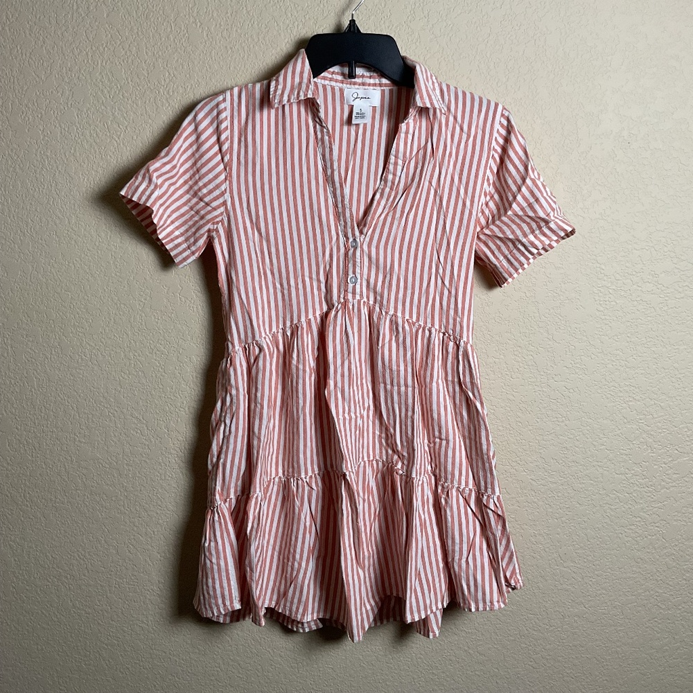 Japna Womens Small Orange‎ & White Striped Button Top Babydoll Tiered Mini Dress